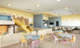 The Family Fun Club | let your kids have fun in this colorful playroom with the Mogli yellow slide, Marshmallow sky blue activity table, Bonbon blush pink chair, Baloo orange chair, and wood flooring