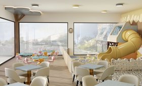 The Family Fun Club | mid century modern coffee shop and colorful kids playroom with the Mogli yellow slide, Marshmallow sky blue activity table, Bonbon blush pink chair, Baloo orange chair, retro gold coffee table, white dining table, and wood flooring