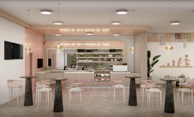 Pause & Play Lounge | blush pink paint coffee shop in modern classic style with Mushroom pendant lamp, Bertoia dark marble bar table, Nº11 curvy bar stool, and wood flooring