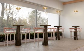 Pause & Play Lounge | coffee shop in modern classic style with Mushroom pendant lamp, Bertoia dark marble bar table, Nº11 curvy pink bar stool, and wood flooring