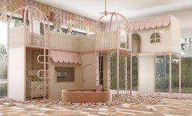 Pause & Play Lounge | colorful kids playroom in shades of sorbet with the Magical Market blush pink playground, ball pool, cosy neutral rug, and domino wallpaper