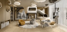 Kids Playroom | neutral kids play area, in shades of brown, orange, and grey with Mogli slide, gym, Dainty cosy armchair, The Elephant´s Spell round rug, Marshmallow activity II table, Bonbon chair, Baloo chair, and wood flooring