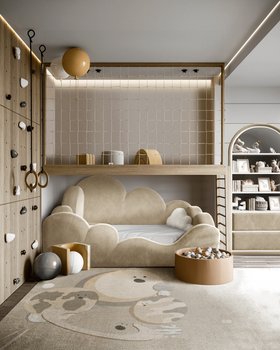 Kids Bedroom | neutral bedding area with Dino curvy beige bed, IV Planets rug, climbing wall, ball pool, ladder, and brown wood play area