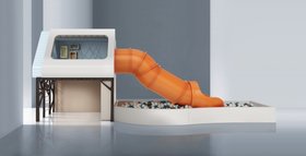 Playroom | navy blue paint play area for kids to have fun with Mogli orange slide, playhouse, and ball pool