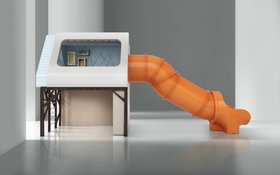 Playroom | grey paint play area for kids to have fun with Mogli orange slide and playhouse