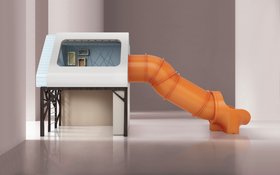 Playroom | muted pink paint play area for kids to have fun with Mogli orange slide and playhouse