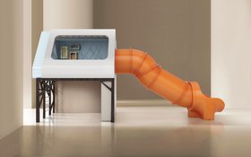 Playroom | beige paint play area for kids to have fun with Mogli orange slide and playhouse