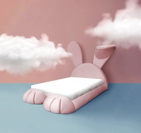 Kids Bed | sky blue and pink paint bedding area with the iconic Mr. Bunny bed