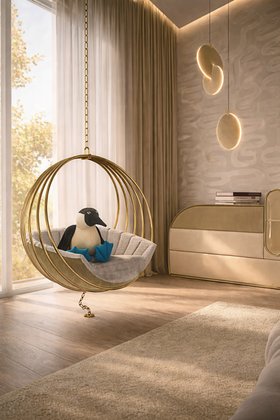 Kids Bedroom | cosy neutral reading corner with the gold plated Tinkerbell suspension chair, Nova suspension lamp, and wood flooring
