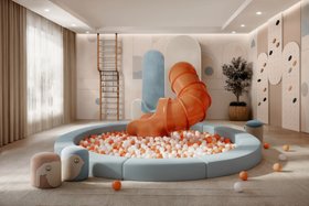 Playroom | colorful play area for kids with Remy playground and slide in sky blue and orange tones, Dolly monkey bars, Corona climbing panel, animal stools, cosy rug, curtain, and vase