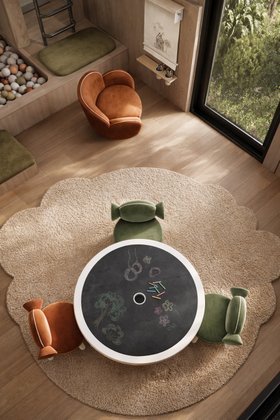 Kids Play | neutral play area for kids with Illusion activity table, Baloo green chair, Dainty brown armchair, Stitch cosy rug, and wood flooring