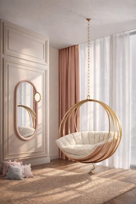 Kids Bedroom | cosy neutral reading corner with Tinkerbell gold plated suspension chair, Bubble Gum blush pink wall mirror, curtain, beige rug, and wood flooring