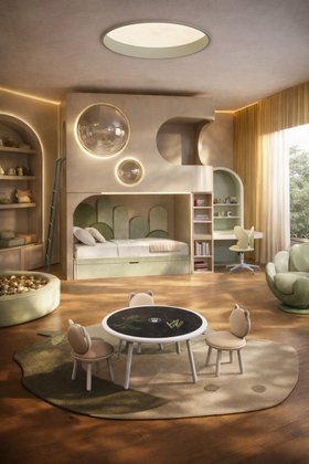 Kids Bedroom | nature inspired decor with Nemo taupe playhouse, Merida green corner bed, Pixie office chair, Illusion dark activity table, Baloo chair, The Whale´s Tale rug, brown wood flooring, and curtain