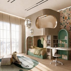 Kids Bedroom | nature inspired decor in taupe and green tones with Nemo playhouse, Merida corner bed, Little Bunny office chair, The Whale´s Tale rug, storage compartments, colorful wallpaper, curtain, and wood flooring