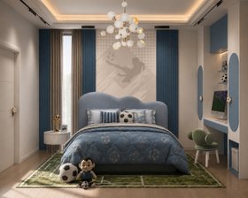 The World Cup Dream Bedroom | blue paint bedding area for kids with Cloud curvy bed, Cloud nightstand for storage, Bonbon forest green chair, Atomic suspension lamp, wallpaper, cosy rug, and wood flooring