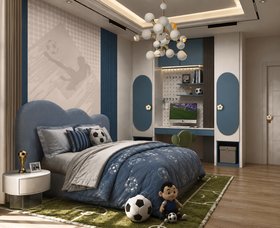 The World Cup Dream Bedroom | blue paint bedding area for kids with Cloud curvy bed, Cloud nightstand, Bonbon forest green chair, Atomic suspension lamp, shelves for storage, wallpaper, cosy rug, and wood flooring