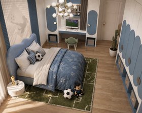 The World Cup Dream Bedroom | blue paint bedding area for kids with Cloud bed, Cloud nightstand, Bonbon forest green chair, cosy rug, and wood flooring