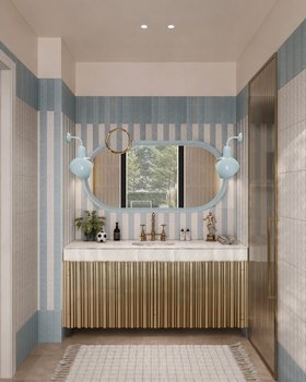 The World Cup Dream Bedroom | sky blue paint kids bathroom in marble finishes with Bubble Gum wall mirror, Periwinkle wall lamp, gold washbasin, and cosy white rug