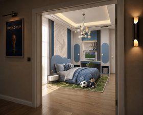 The World Cup Dream Bedroom | blue paint bedding area for kids with Cloud curvy bed, Cloud nightstand, Bonbon forest green chair, Atomic suspension lamp, shelves for storage, wallpaper, cosy rug, retro wall lamp, and wood flooring