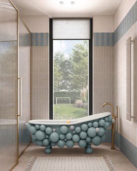 The World Cup Dream Bedroom | sky blue paint kids bathroom in marble finishes with Newton bathtub, gold tap, cosy white rug, and towel radiator