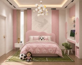 The World Cup Dream Bedroom | pink paint bedding area for kids with Cloud curvy bed, Cloud nightstand for storage, Bonbon forest green chair, Atomic suspension lamp, wallpaper, cosy rug, and wood flooring