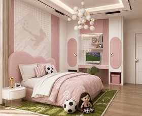 The World Cup Dream Bedroom | pink paint bedding area for kids with Cloud curvy bed, Cloud nightstand, Bonbon forest green chair, Atomic suspension lamp, wallpaper, shelves for storage, cosy rug, and wood flooring