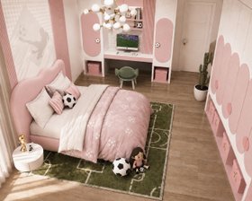 The World Cup Dream Bedroom | pink paint bedding area for kids with Cloud bed, Cloud nightstand, Bonbon forest green chair, cosy rug, and wood flooring