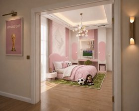 The World Cup Dream Bedroom | pink paint bedding area for kids with Cloud curvy bed, Cloud nightstand, Bonbon forest green chair, Atomic suspension lamp, wallpaper, shelves for storage, retro wall lamp, cosy rug, and wood flooring