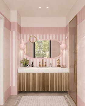 The World Cup Dream Bedroom | pink paint kids bathroom in marble finishes with Bubble Gum wall mirror, Periwinkle wall lamp, gold washbasin, and cosy white rug