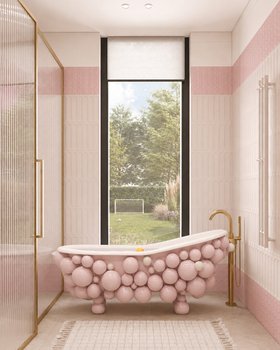 The World Cup Dream Bedroom | pink paint kids bathroom in marble finishes with Newton bathtub, gold tap, cosy white rug, and towel radiator