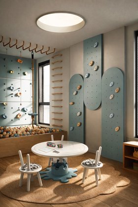 Playroom | coastal blue play area for kids with Marshmallow activity table, Illusion chair, Stitch cosy brown rug, climbing panel, ball pool, and wood flooring