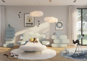 Kids Bedroom | blue and white bedding area for kids with the Cloud collection, including a bed, bench, rug, pendant lamp, bedside table, and chest of drawers for storage