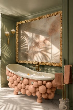 Kids Bathroom | green paint bath in nature-inspired style for spring/summer season with Newton blush pink bathtub, gold wall mirror, towel rack, wall lamp, and marble flooring