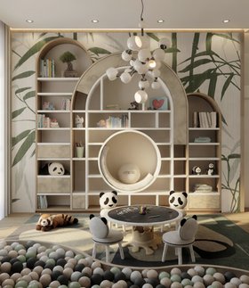 Back to School | nature-inspired study area with the neutral Bubble Gum reading nook for storage, Marshmallow activity table, Po black and white chair in animal print style, Atomic suspension lamp, and floral wallpaper