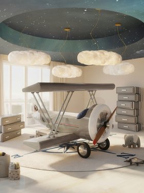 Kids Bedroom | cosy bedding area in grey and white tones with Sky B Plane bed, Cloud pendant lamp, Sky chest of drawers for storage, round rug, wallpaper, and curtain