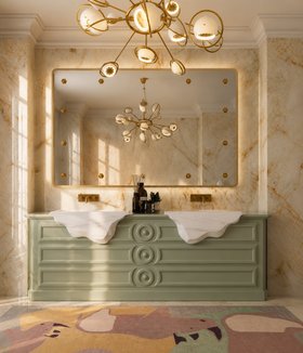 Master Bathroom | white marble bathroom with Petra mint green cabinet for storage, Cosmo suspension lamp, The Rhino´s Troupe rug, and wall mirror