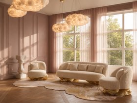 Living Room | blush pink paint reading corner in cosy chic style with Angra white sofa, Angra armchair, Fortuna rug, Pietra marble pedestal, Cloud pendant lamp, cushion, curtain, and wood flooring