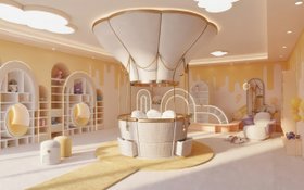 Kids Bedroom | butter yellow paint bedding and play area with Fantasy air balloon bed, Bubble gum reading nook for storage, Lewis curvy purple armchair, and Bubble Gum wall mirror