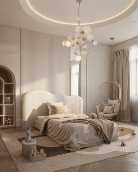 Kids Bedroom | cosy neutral bedding area with Cloud sage grey bed, Nodo gold suspension chair, Party Animal rug, retro suspension lamp, and curtain