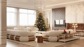 Living Room | neutral living room with christmas tree and fireplace