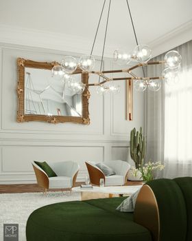 Fresh Green Living Room by Murillo Paoli | rococo gold wall mirror, curvy armchair, cushion, wall lamp, suspension lamp, deep green sofa, and vase