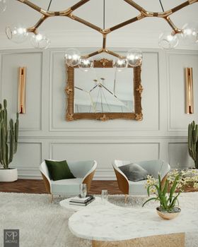 Fresh Green Living Room by Murillo Paoli | rococo gold wall mirror, curvy armchair, and deep green cushion