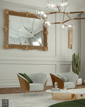 Fresh Green Living Room by Murillo Paoli | rococo gold wall mirror, curvy armchair, cushion, vase, gold wall lamp, and suspension lamp in this modern classic room