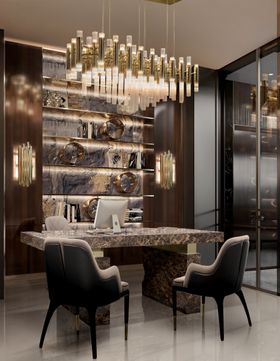 Office | brown paint home office with Nougat marble desk, bookcase for storage, office chair, gold suspension lamp, wall lamp, and lavish flooring