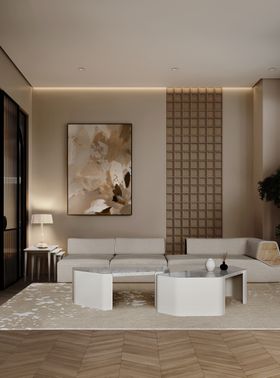 Living Room | neutral paint reading corner in cosy elegant style with Minas white marble center table, Siphon modular sofa, Sugar terrazzo rug, retro table lamp, wall art, and wood flooring