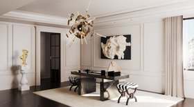 Home Office | Nougat dark marble desk, gold pendant lamp, stool, neutral rug, wall art, sculpture, curtain, and wood flooring stand out in this luxury office