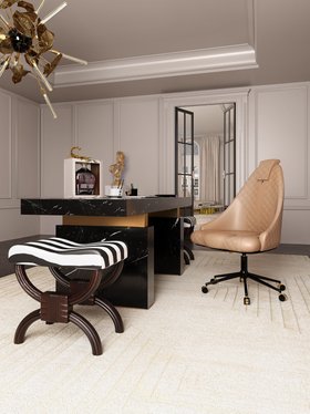 Home Office | Nougat dark marble desk, beige office chair, stool, and neutral rug stand out in this luxury office