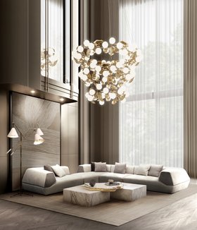 Living Room | autumn/winter reading corner in modern classic style with Siphon cosy white modular sofa, marble center table, art deco gold suspension lamp, neutral rug, retro floor lamp, cushion, wall art, curtain, and brown wood flooring