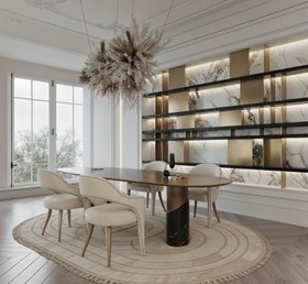Dining Room | autumn/winter dining area in cosy elegant style with Breve II brown dining table, curvy white dining chair, bookcase for storage, neutral rug, and wood flooring