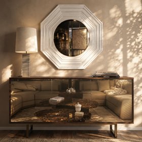 Hallway | cosy neutral entryway with Kafe glass sideboard for storage, Persia wall mirror, Bombon table lamp, and wood flooring